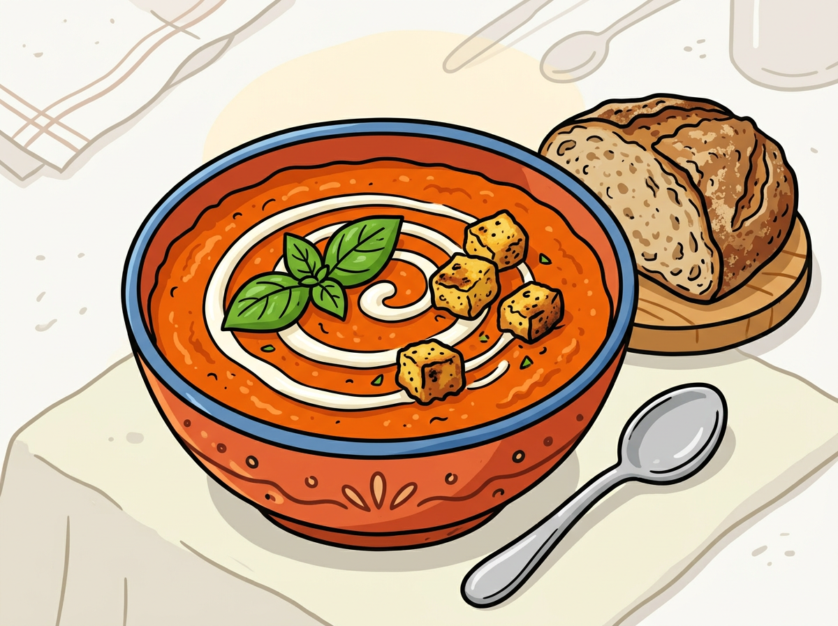 Cartoon illustration of roast tomato soup