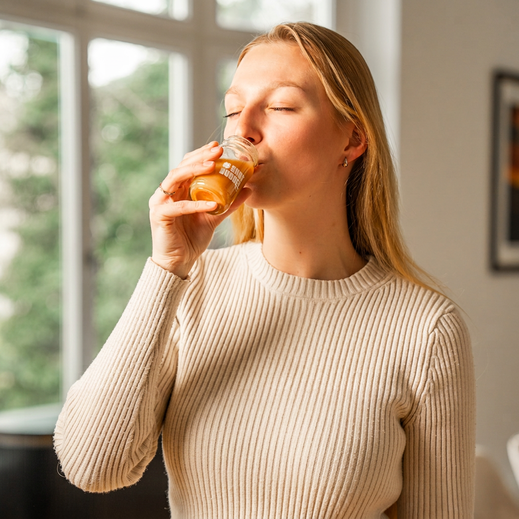 Eine Frau trinkt ihren frisch zubereiteten Shot am Morgen