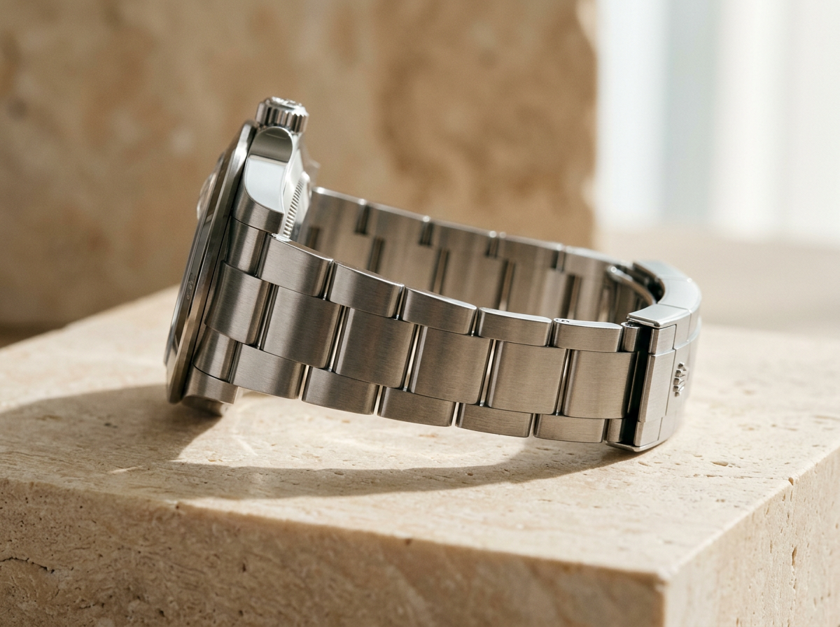 Rolex Milgauss Oystersteel bracelet and case profile resting on limestone plinth