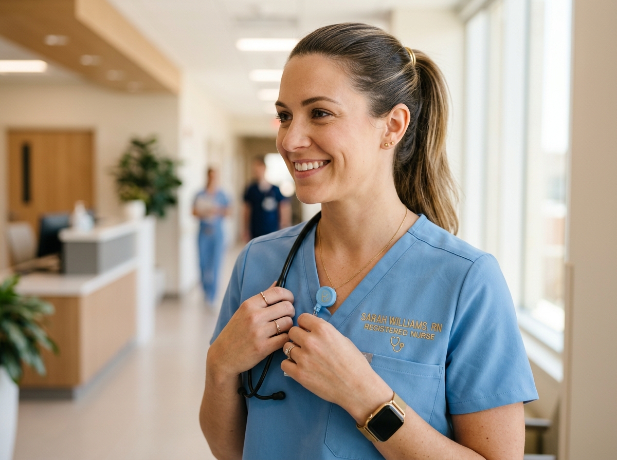 Healthcare worker wearing scrubs with custom gold thread embroidery