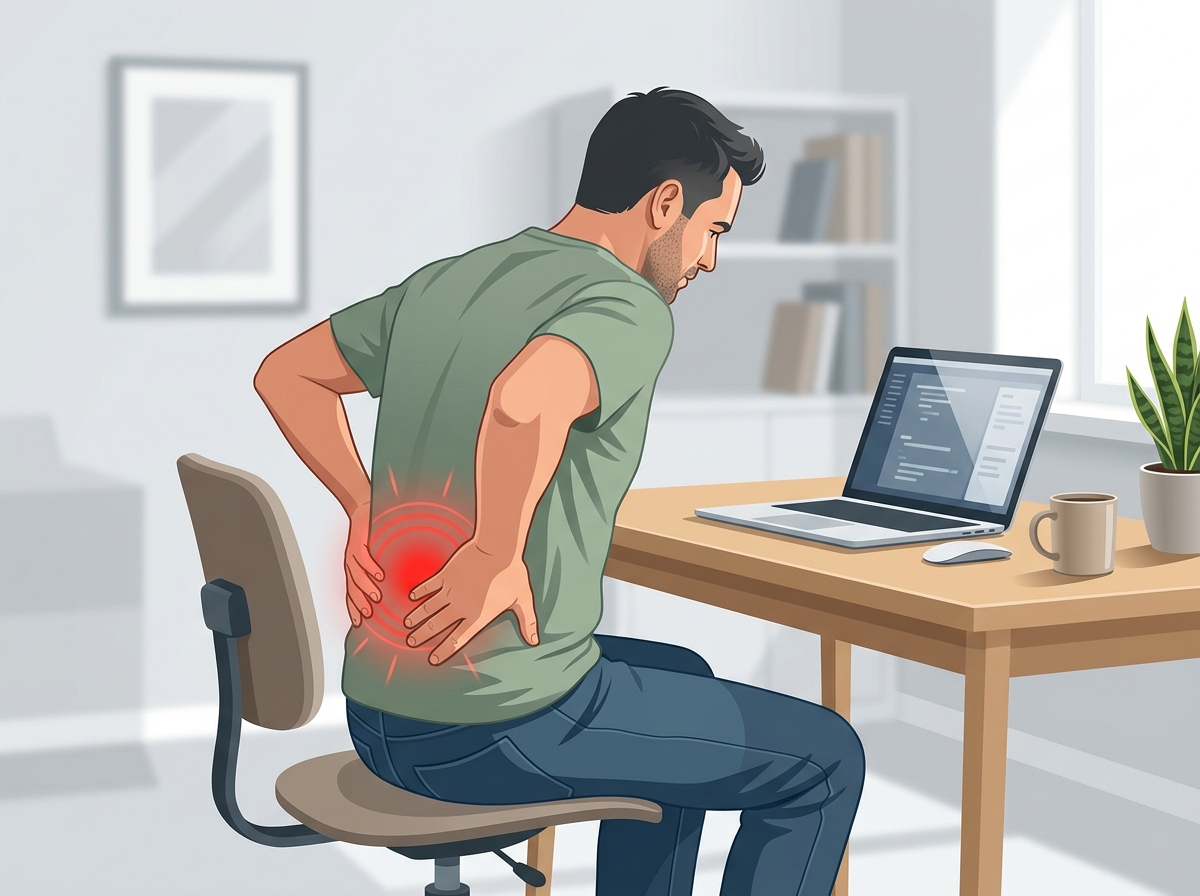 Mann im Homeoffice mit Rückenschmerzen im unteren Rücken