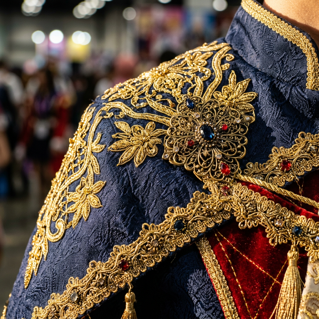 High-detail anime cosplay costume embroidery and craftsmanship