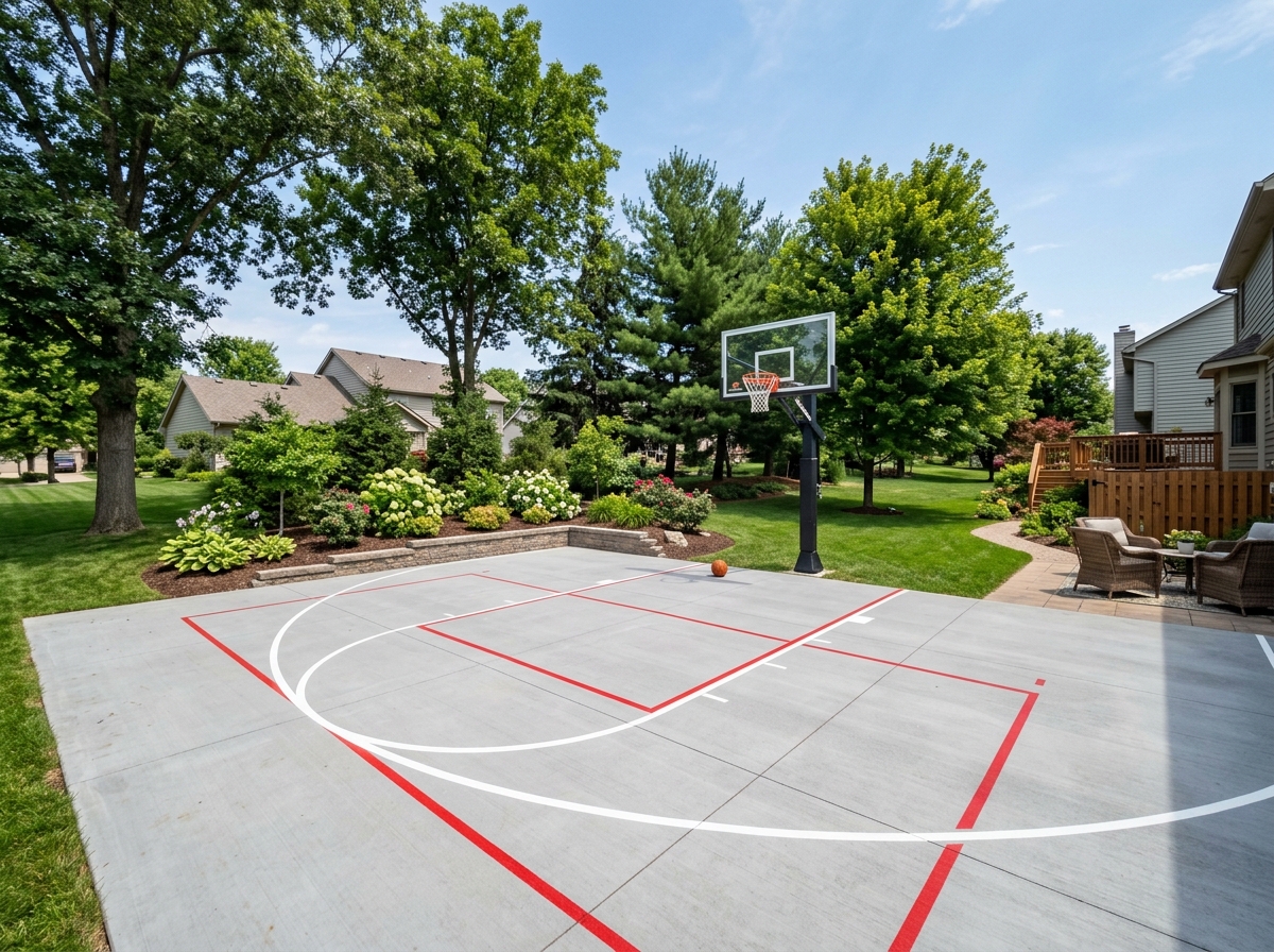 Freshly striped basketball court with regulation lines on an outdoor surface in Omaha