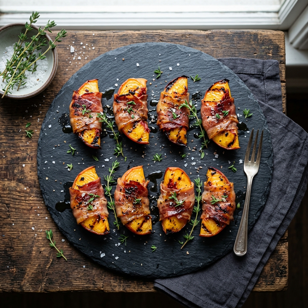 Grilled prosciutto wrapped peaches