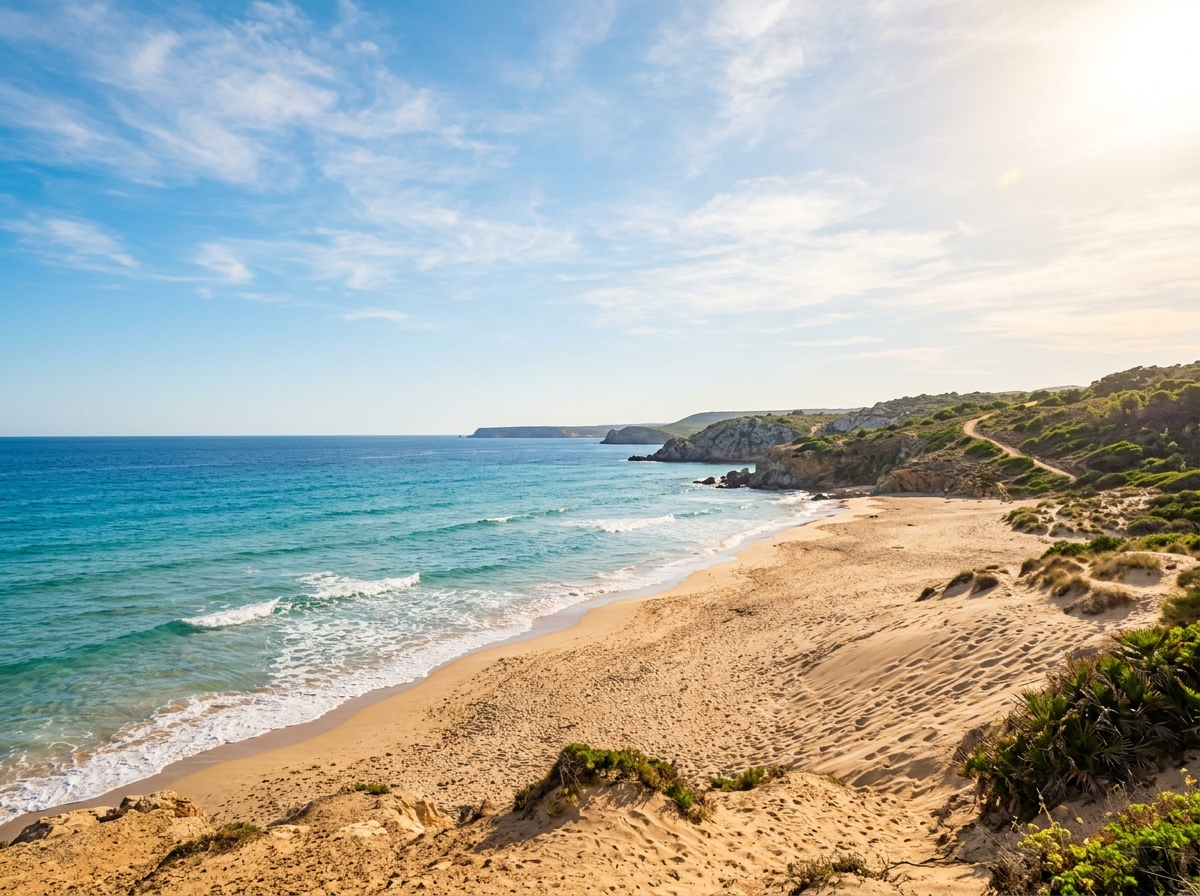 Sunny coastal beach with golden sand and turquoise waves