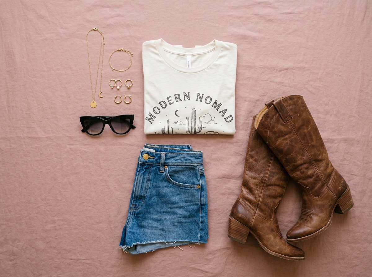 Curated outfit flat lay with cowboy boots, denim shorts, graphic tee, sunglasses and gold jewelry on a dusty rose background