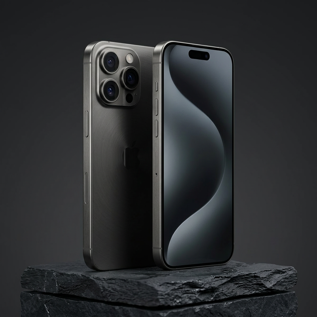Dual flagship titanium smartphones on minimalist slate