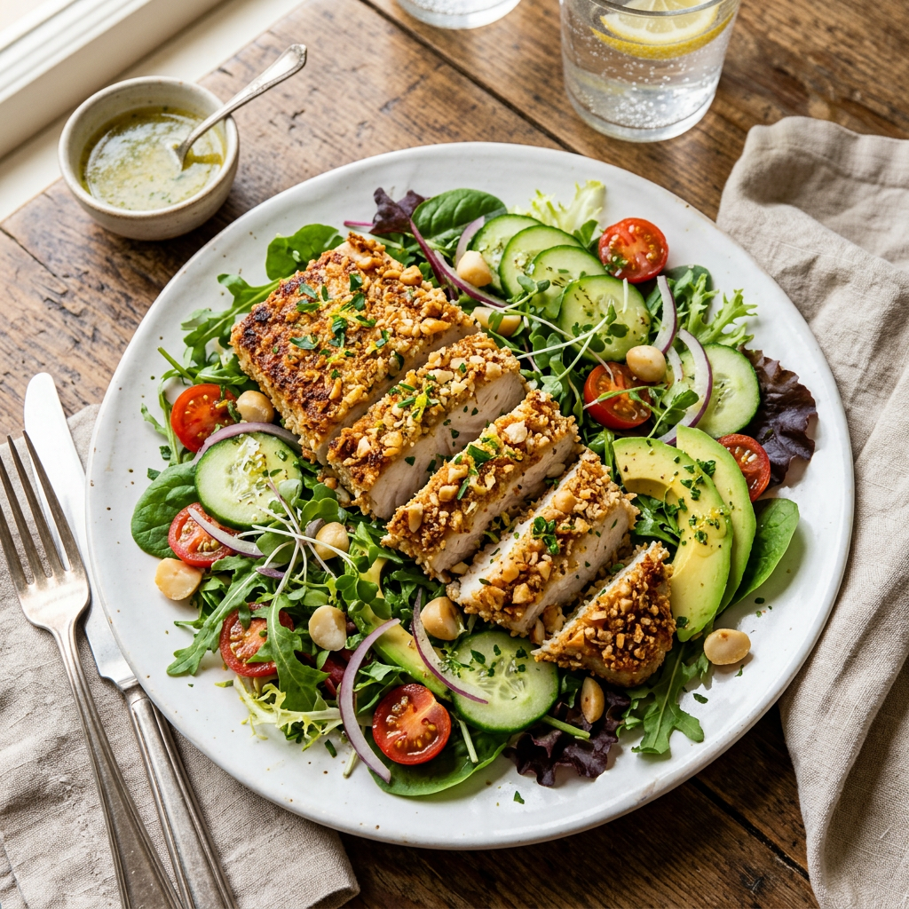 Macadamia crusted mahi salad