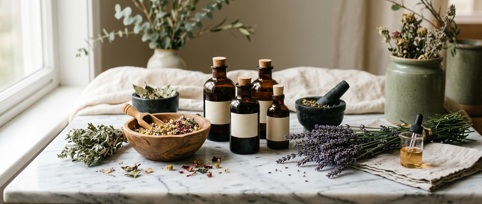 Natural botanical ingredients on marble