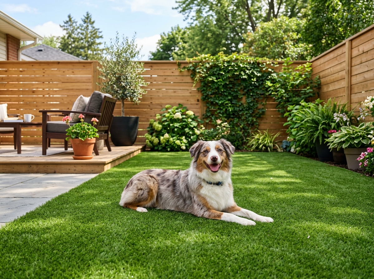 Dog relaxing on artificial turf in a residential backyard