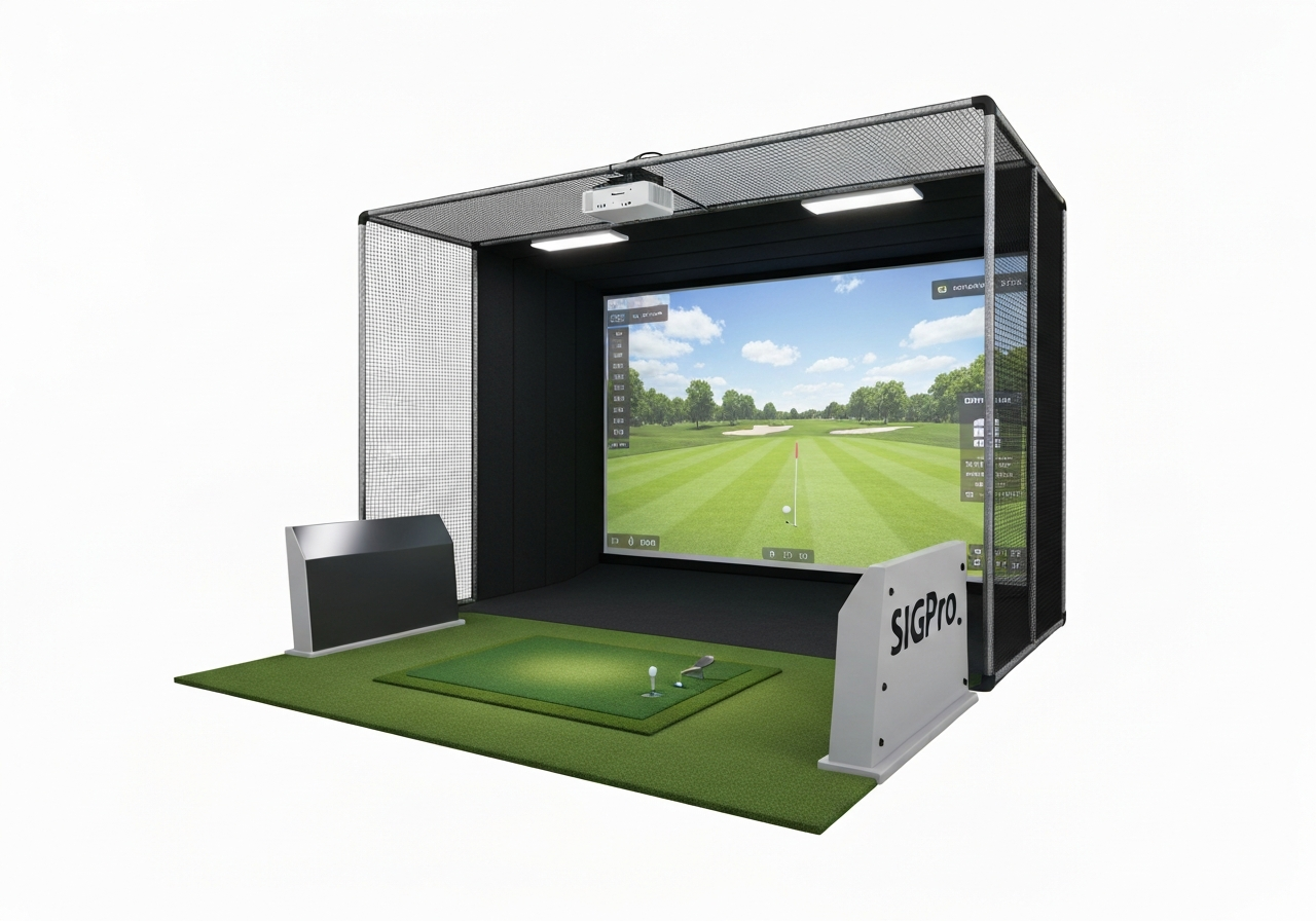 SIG Golf Simulator Studio with SIGPro premium impact screen, black enclosure, and turf mat on white background