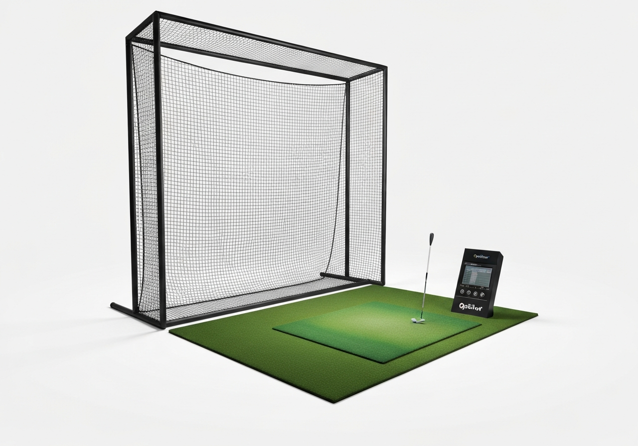 OptiShot Golf in a Box 5 simulator setup with hitting net, turf mat, and OptiShot console on white background