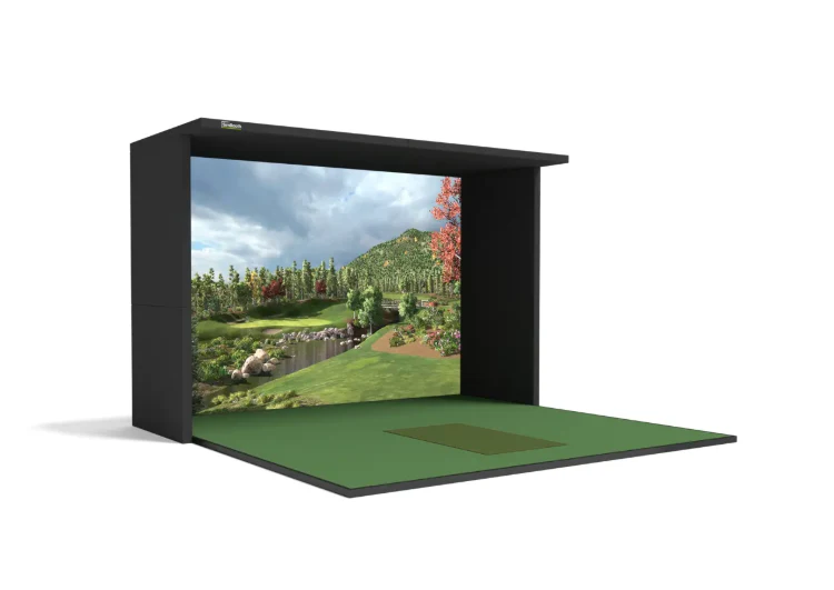 GolfIn SimBooth 2 enclosed simulator booth with impact screen and turf floor on white background