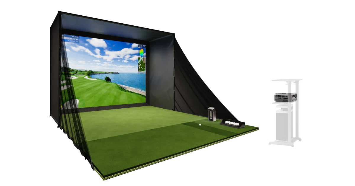 GOLFJOY Personal Simulator Kit with launch monitor, impact screen enclosure, and hitting mat on white background