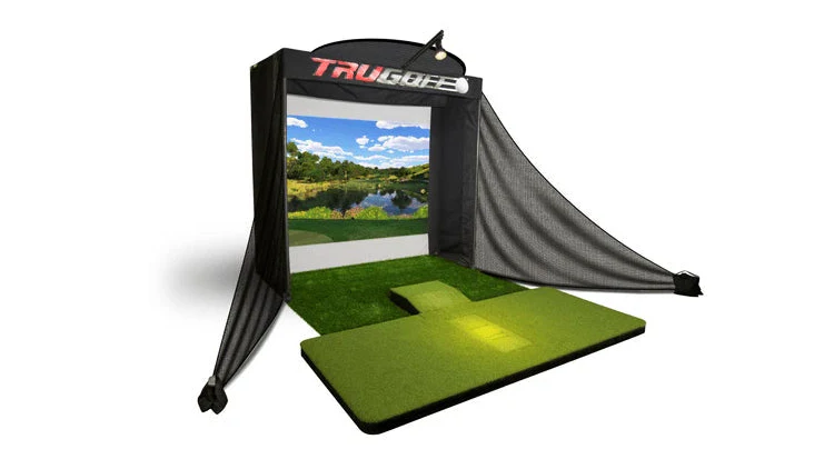 TruGolf Vista 12 Pro golf simulator with impact screen, black frame enclosure, TRUGOLF branding, and hitting mat on white background