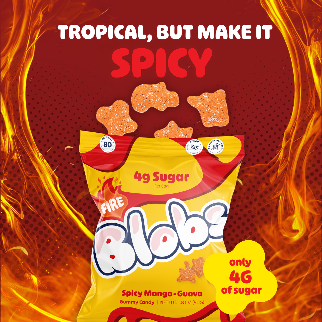 Fire Blobs bag against fiery red and orange background with TROPICAL BUT MAKE IT SPICY headline