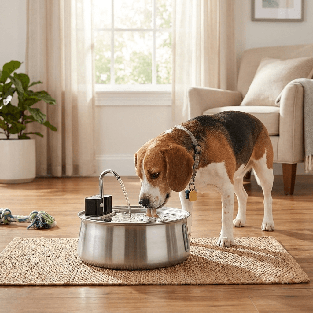 Dog drinking from Emberkins wireless doggy fountain