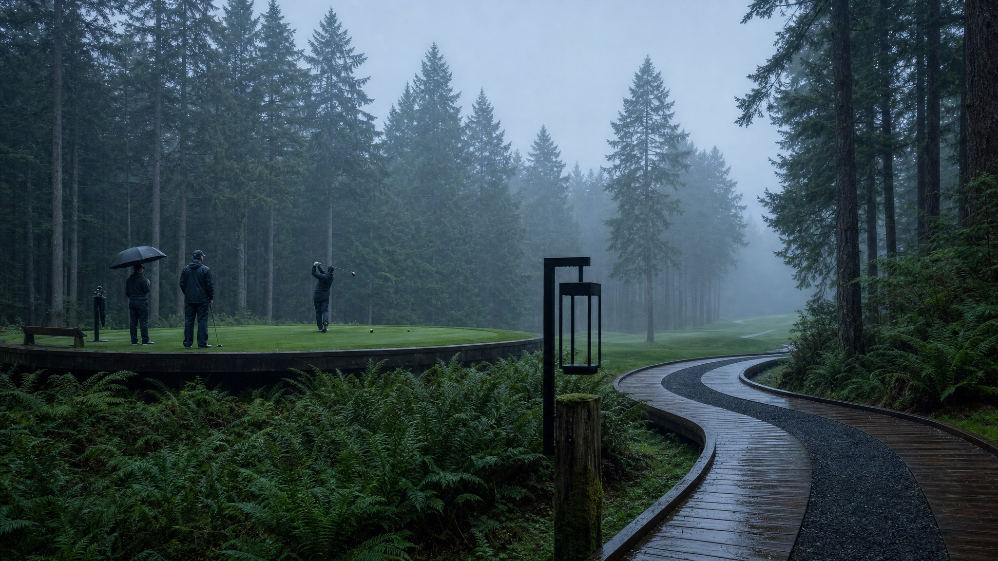 Golfer walking through heavy rain on the course