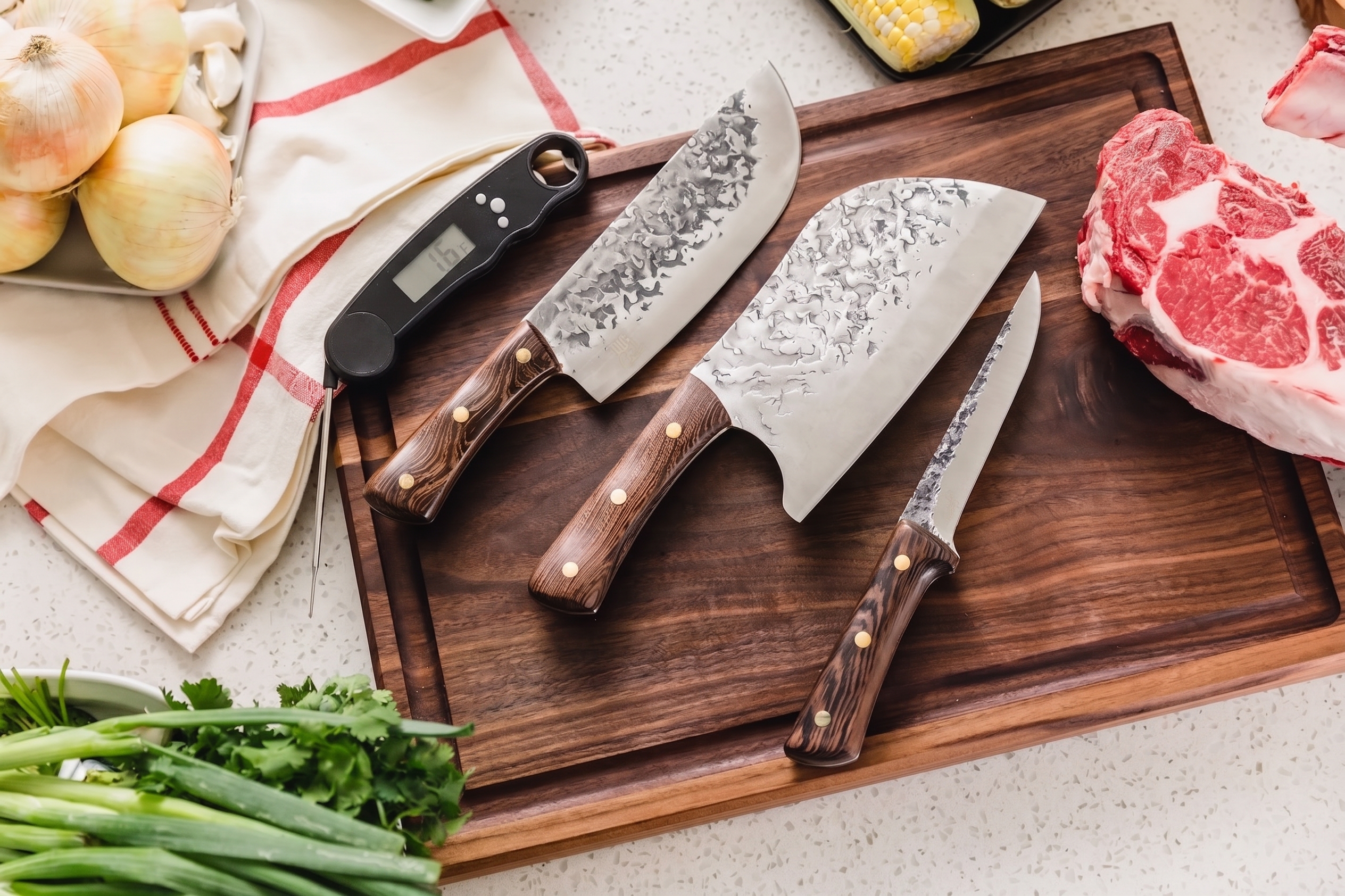 Knifz premium kitchen knives on wooden cutting board with fresh ingredients