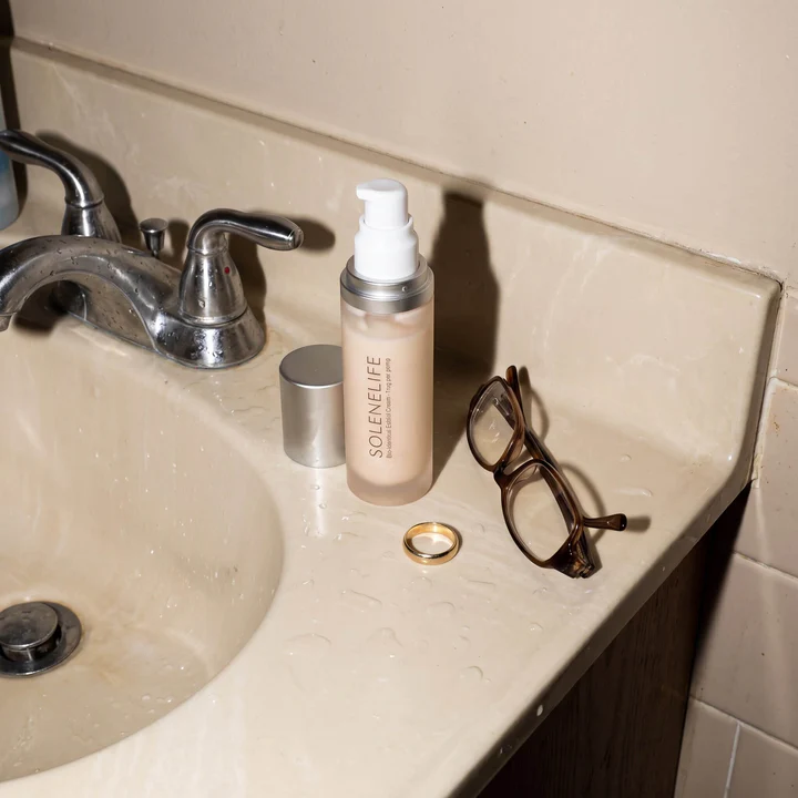 SoleneLife bottle on bathroom vanity