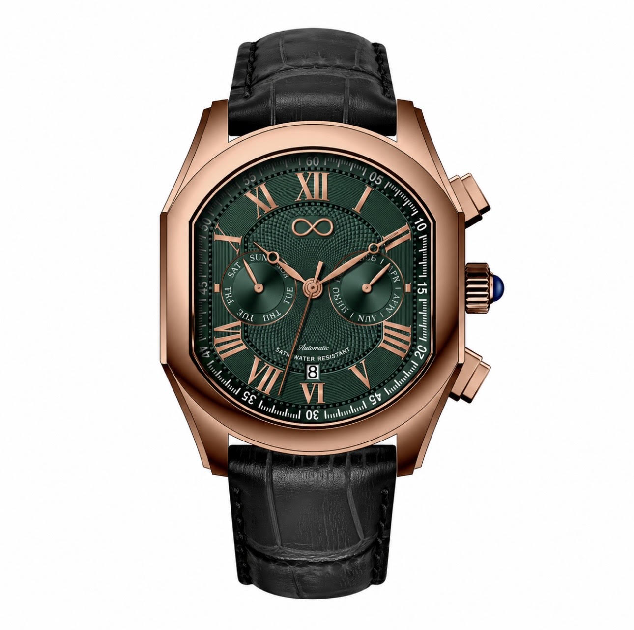 Atelier Burgundy — emerald green dial with matte black case and bracelet